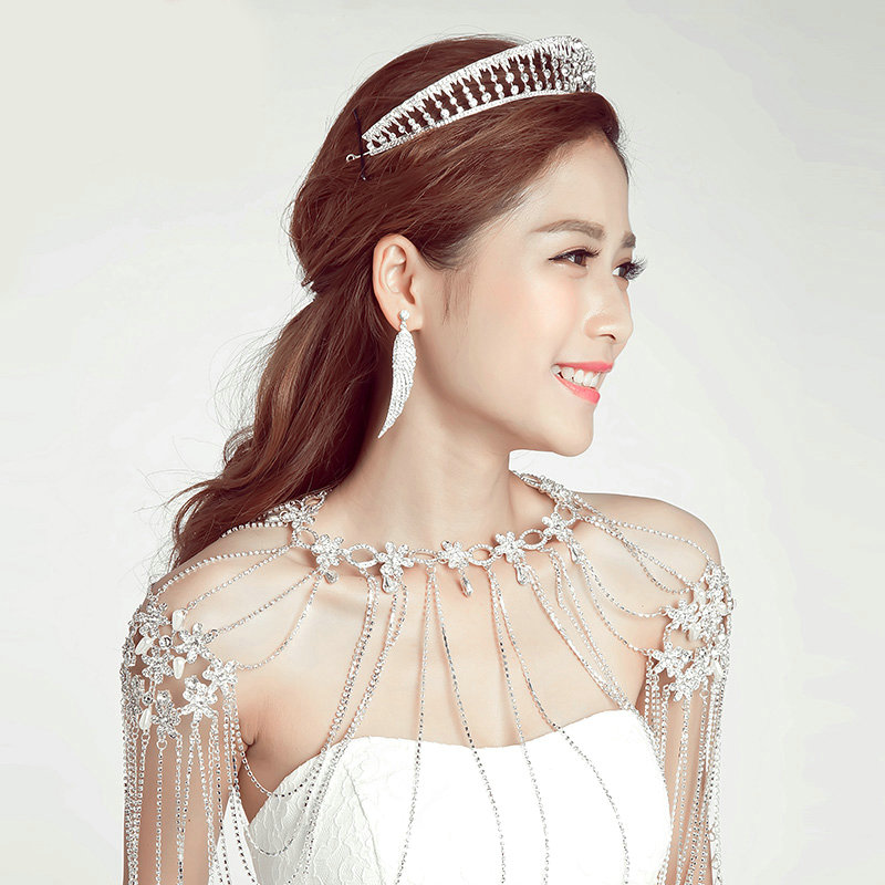 Alloy Flower Rhinestone Zircon Bridal Necklace Wedding Tassel Shoulder Chain Accessories - White