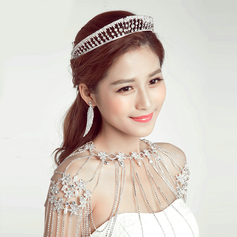 Alloy Flower Rhinestone Zircon Bridal Necklace Wedding Tassel Shoulder Chain Accessories - White