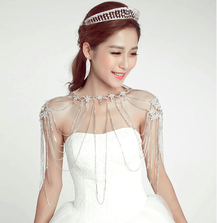 Alloy Flower Rhinestone Zircon Bridal Necklace Wedding Tassel Shoulder Chain Accessories - White