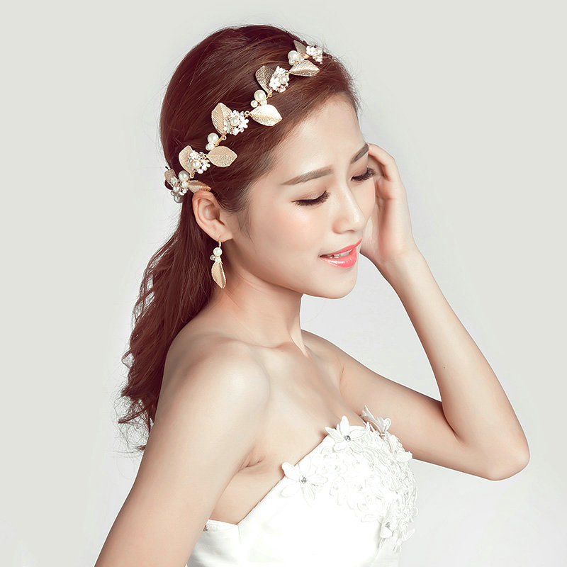 Alloy Leaf Pearls Flower Bridal Headbands Earrings Women Princess Style Jewelry Sets - Gold