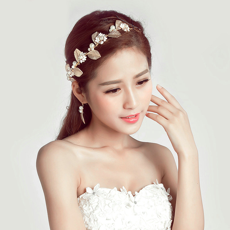 Alloy Leaf Pearls Flower Bridal Headbands Earrings Women Princess Style Jewelry Sets - Gold