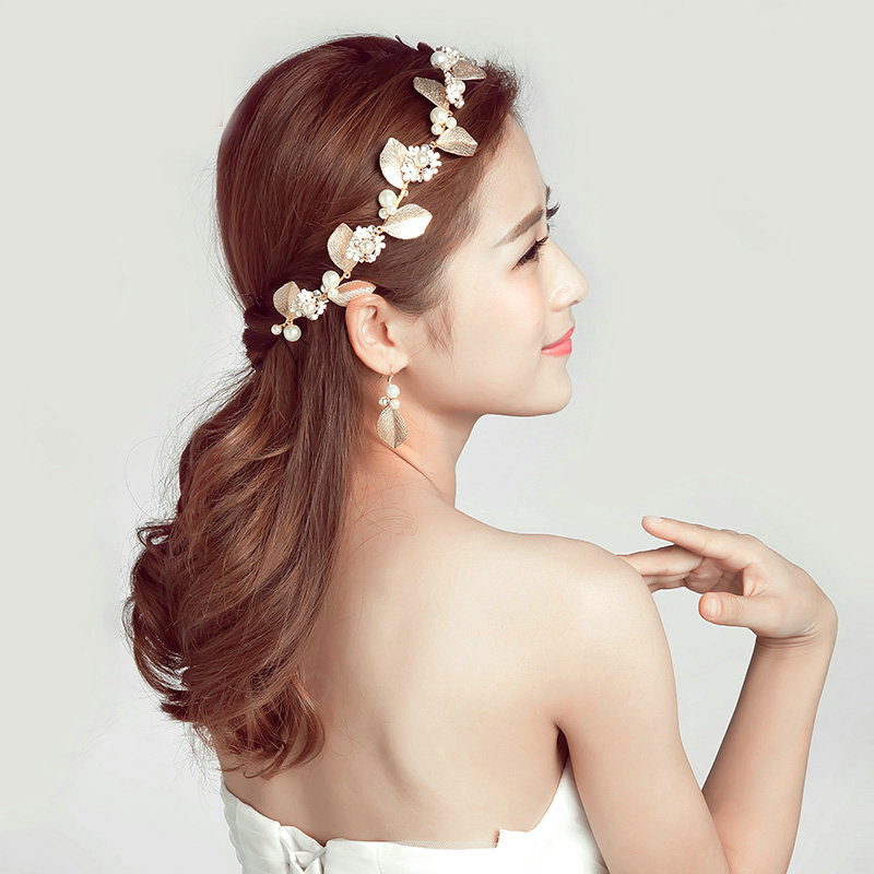 Alloy Leaf Pearls Flower Bridal Headbands Earrings Women Princess Style Jewelry Sets - Gold