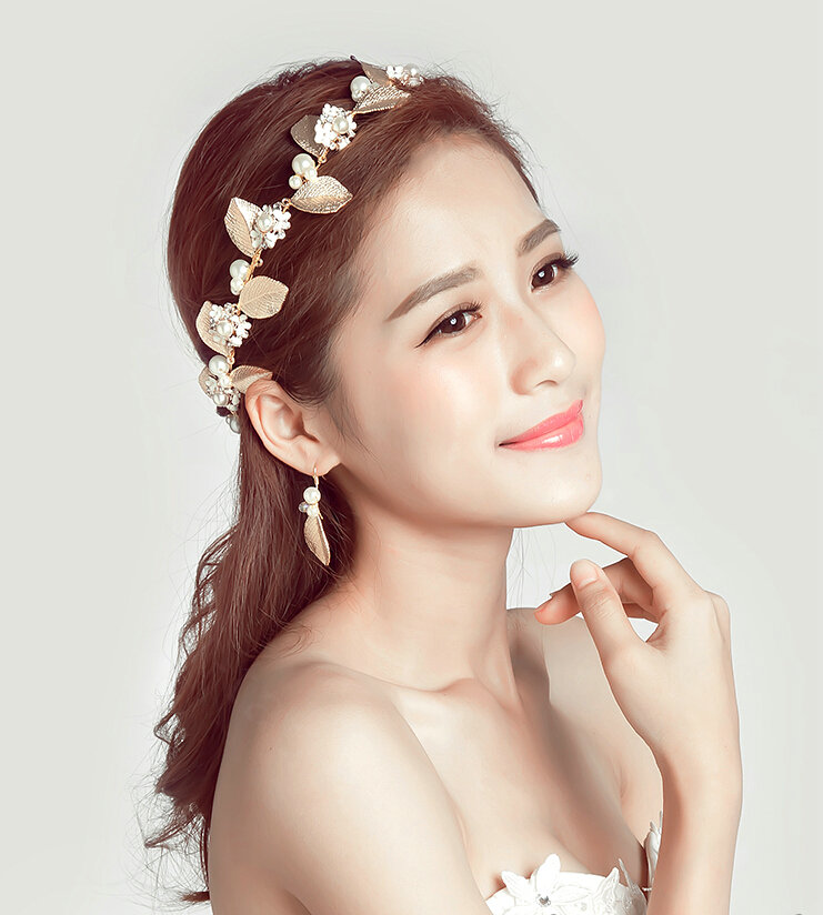 Alloy Leaf Pearls Flower Bridal Headbands Earrings Women Princess Style Jewelry Sets - Gold