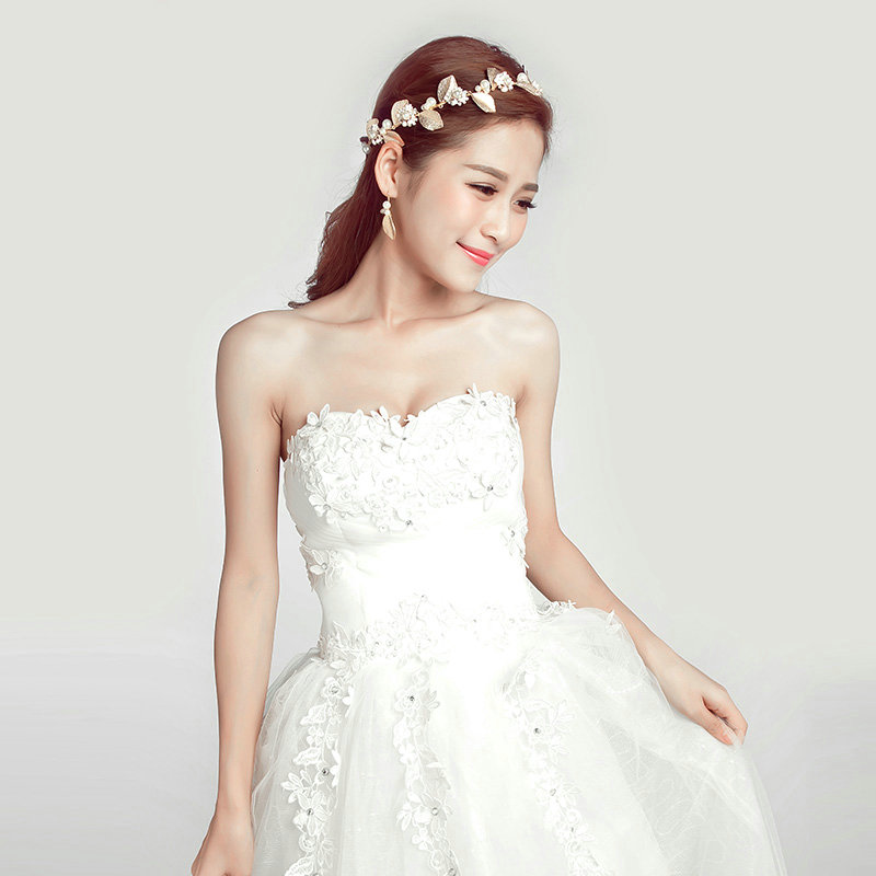 Alloy Leaf Pearls Flower Bridal Headbands Earrings Women Princess Style Jewelry Sets - Gold