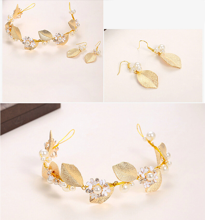 Alloy Leaf Pearls Flower Bridal Headbands Earrings Women Princess Style Jewelry Sets - Gold