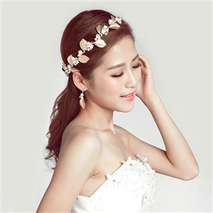 Alloy Leaf Pearls Flower Bridal Headbands Earrings Women Princess Style Jewelry Sets - Gold