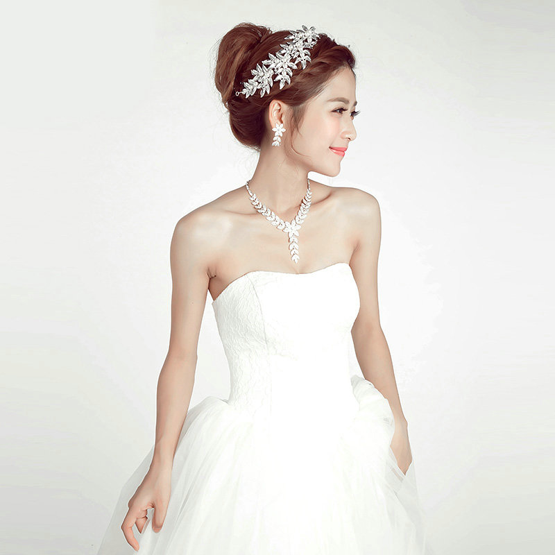 Alloy Leaf Pearls Flower Bridal Headbands Necklace Earrings Women Princess Style Jewelry Sets - Silver