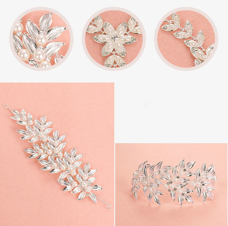 Alloy Leaf Pearls Flower Bridal Headbands Necklace Earrings Women Princess Style Jewelry Sets - Silver