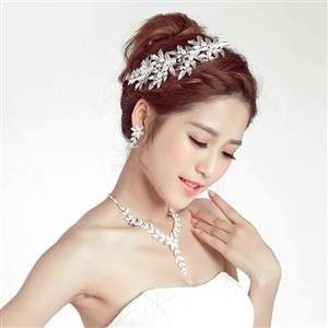 Alloy Leaf Pearls Flower Bridal Headbands Necklace Earrings Women Princess Style Jewelry Sets - Silver