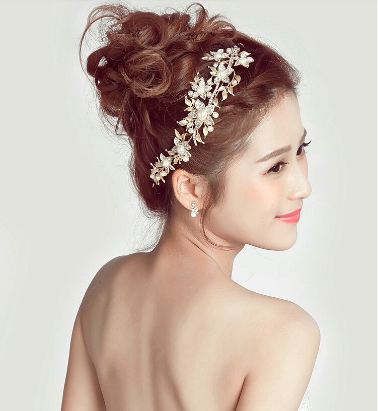 Alloy Leaf Rhinestone Flower Bridal Headbands Earrings Women Princess Style Jewelry Sets - Gold