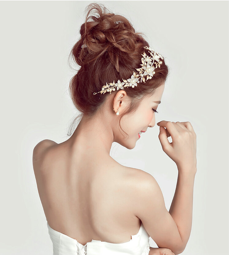 Alloy Leaf Rhinestone Flower Bridal Headbands Earrings Women Princess Style Jewelry Sets - Gold