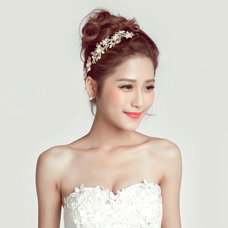 Alloy Leaf Rhinestone Flower Bridal Headbands Earrings Women Princess Style Jewelry Sets - Gold
