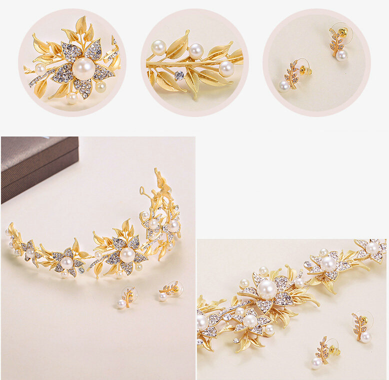 Alloy Leaf Rhinestone Flower Bridal Headbands Earrings Women Princess Style Jewelry Sets - Gold