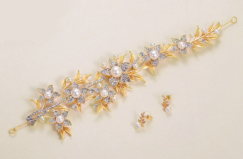 Alloy Leaf Rhinestone Flower Bridal Headbands Earrings Women Princess Style Jewelry Sets - Gold