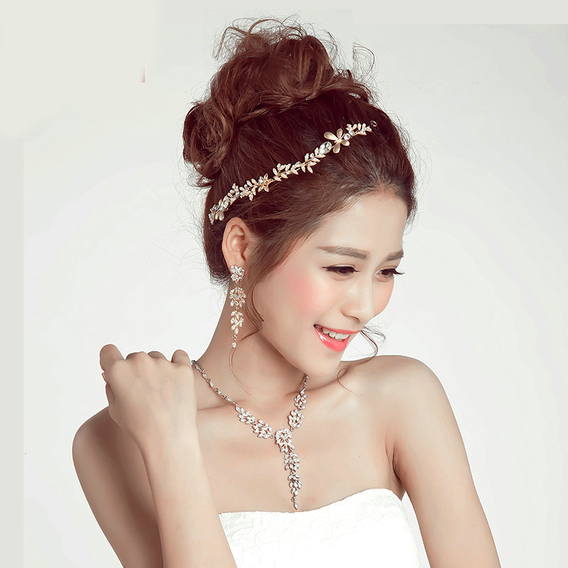 Alloy Leaf Rhinestone Pendant Bridal Headbands Earrings Women Princess Style Jewelry Sets - Gold