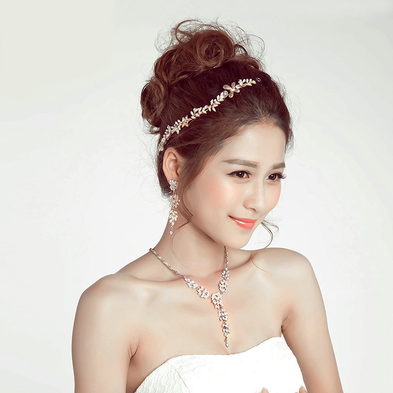 Alloy Leaf Rhinestone Pendant Bridal Headbands Earrings Women Princess Style Jewelry Sets - Gold