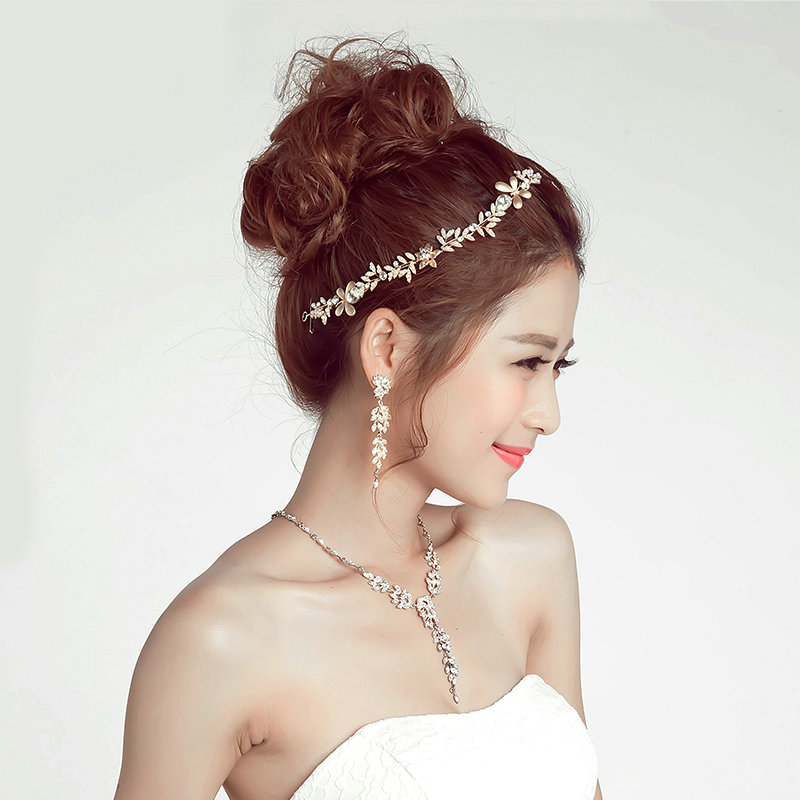 Alloy Leaf Rhinestone Pendant Bridal Headbands Earrings Women Princess Style Jewelry Sets - Gold