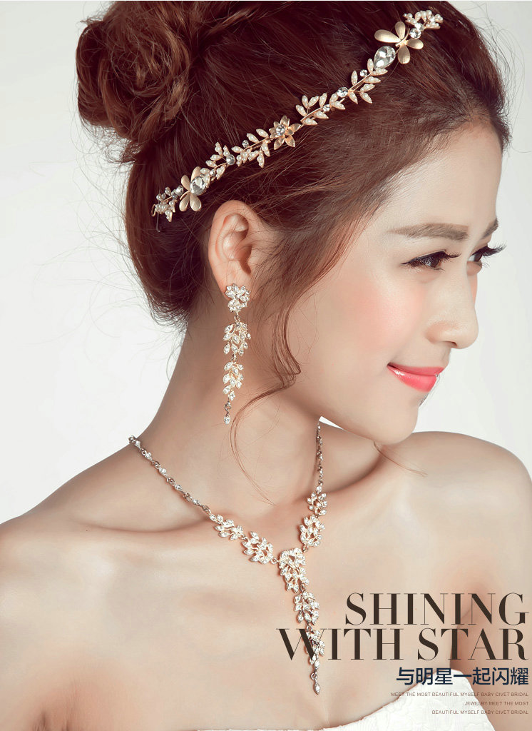 Alloy Leaf Rhinestone Pendant Bridal Headbands Earrings Women Princess Style Jewelry Sets - Gold