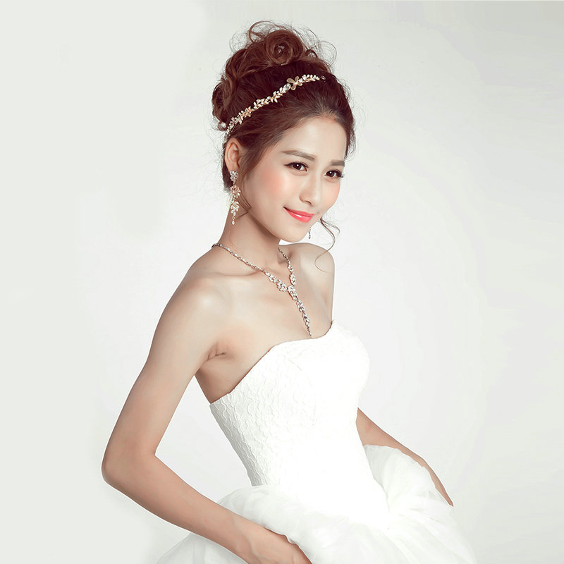 Alloy Leaf Rhinestone Pendant Bridal Headbands Earrings Women Princess Style Jewelry Sets - Gold