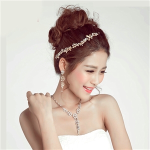 Alloy Leaf Rhinestone Pendant Bridal Headbands Earrings Women Princess Style Jewelry Sets - Gold