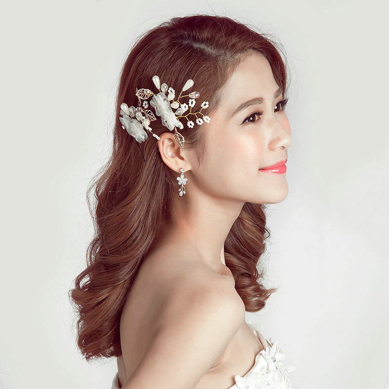 Alloy Leaves Crystal Flower Bride Hair Combs Women Wedding Hair Accessories - White
