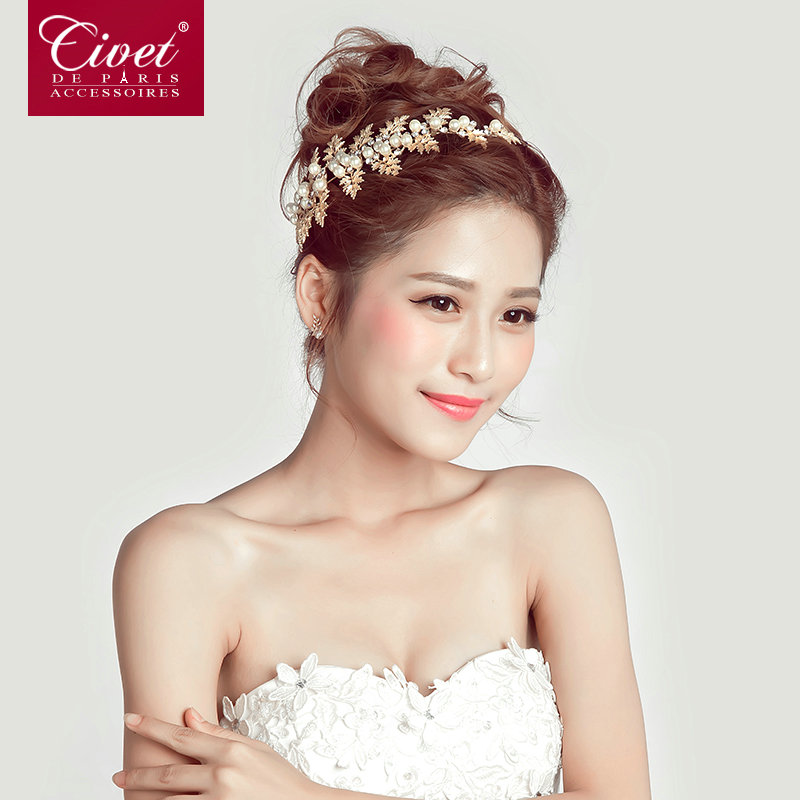 Alloy Leaves Crystal Pearl Soft Chain Bride Headbands Women Wedding Hair Accessories - Gold