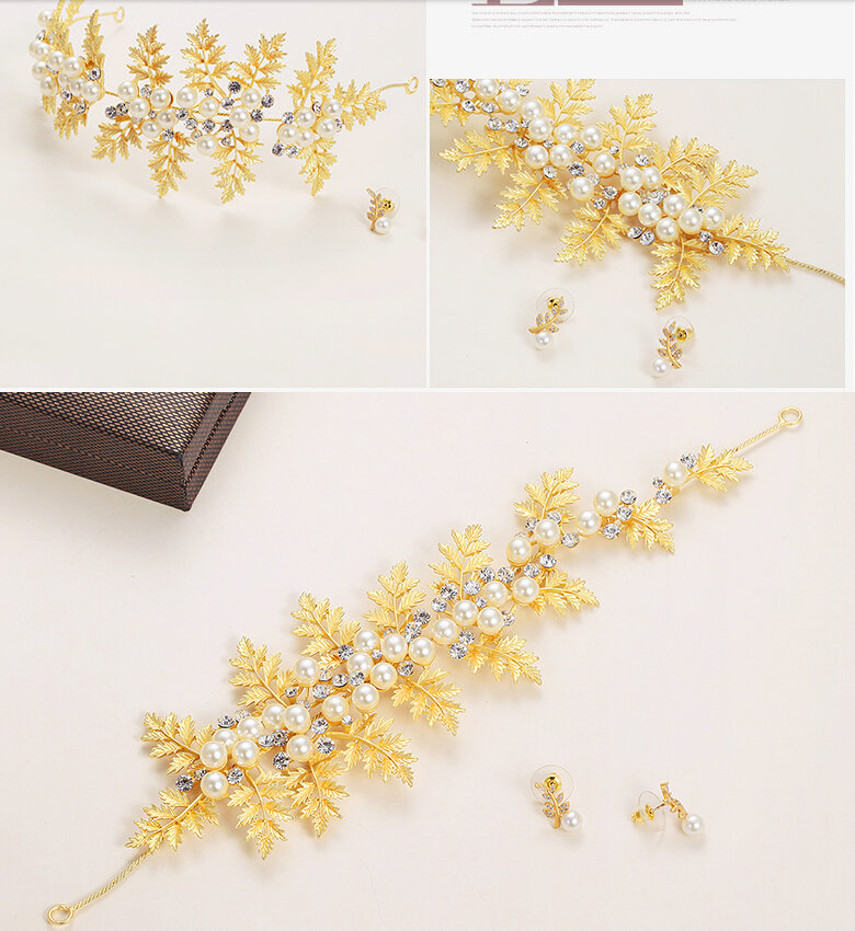 Alloy Leaves Crystal Pearl Soft Chain Bride Headbands Women Wedding Hair Accessories - Gold