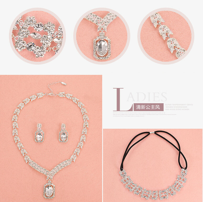 Alloy Rhinestone Bride Jewelry Sets Necklace Earrings Women Dinner Accessories - White