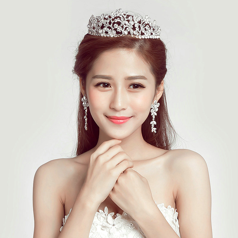 Alloy Rhinestone Flower Bridal Jewelry Tiaras Earring Women Wedding Sets 2pcs - White