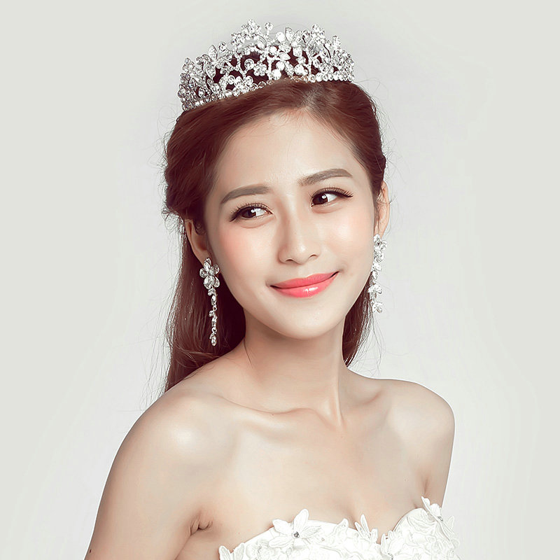 Alloy Rhinestone Flower Bridal Jewelry Tiaras Earring Women Wedding Sets 2pcs - White