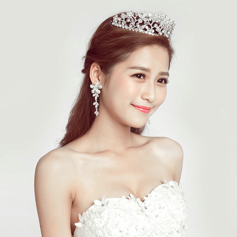Alloy Rhinestone Flower Bridal Jewelry Tiaras Earring Women Wedding Sets 2pcs - White