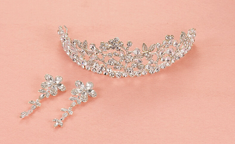 Alloy Rhinestone Flower Bridal Jewelry Tiaras Earring Women Wedding Sets 2pcs - White