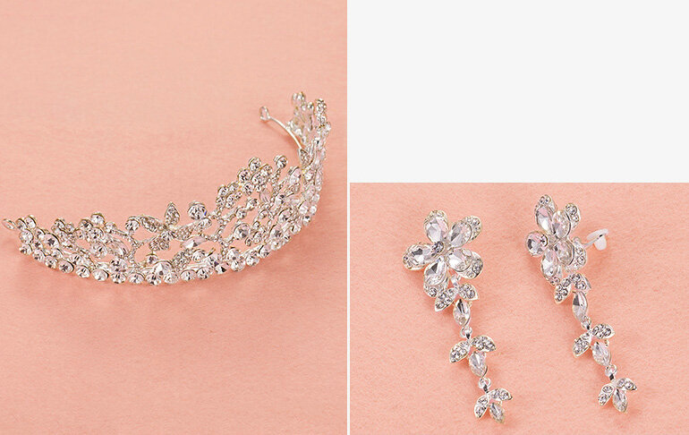 Alloy Rhinestone Flower Bridal Jewelry Tiaras Earring Women Wedding Sets 2pcs - White