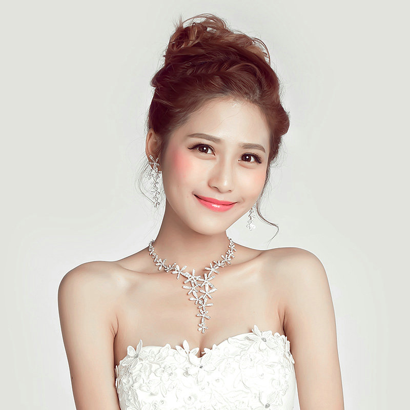 Alloy Rhinestone Flower Bride Jewelry Sets Necklace Earrings Women Wedding Accessories - Silver