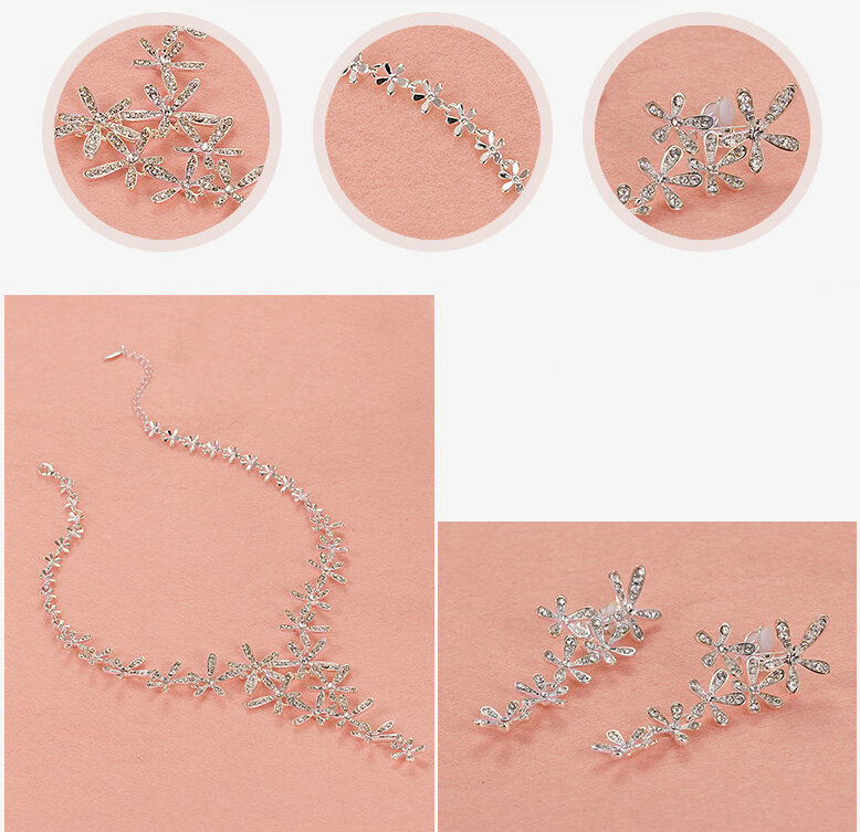 Alloy Rhinestone Flower Bride Jewelry Sets Necklace Earrings Women Wedding Accessories - Silver