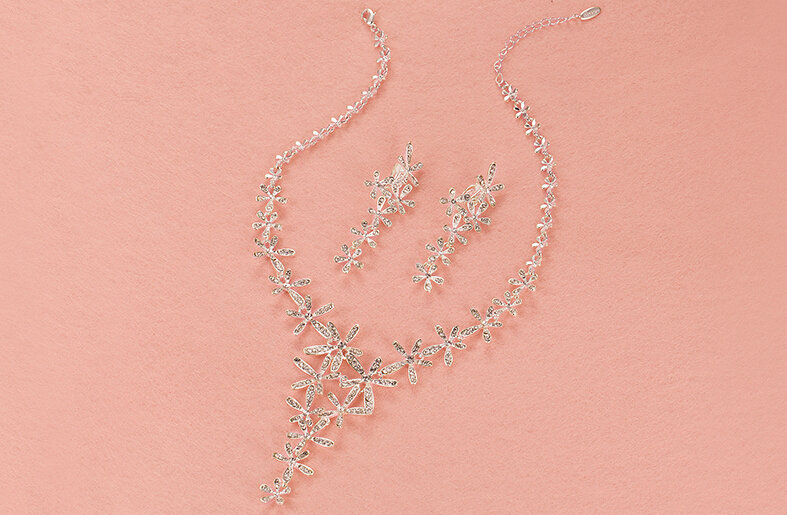Alloy Rhinestone Flower Bride Jewelry Sets Necklace Earrings Women Wedding Accessories - Silver