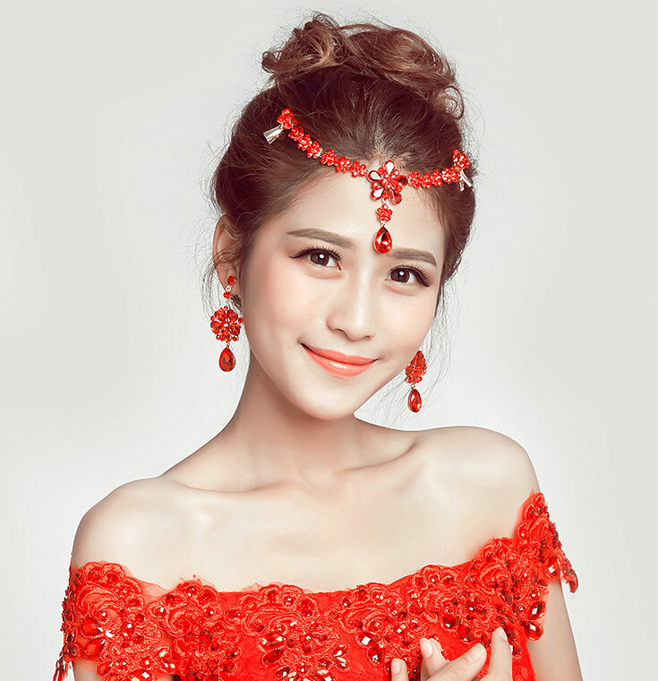 Alloy Rhinestone Flower Frontlet Pendant Headbands Earrings Bohemia Bridal Jewelry Sets - Red