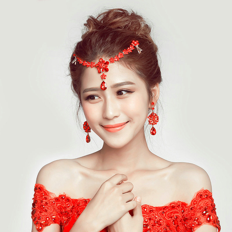 Alloy Rhinestone Flower Frontlet Pendant Headbands Earrings Bohemia Bridal Jewelry Sets - Red