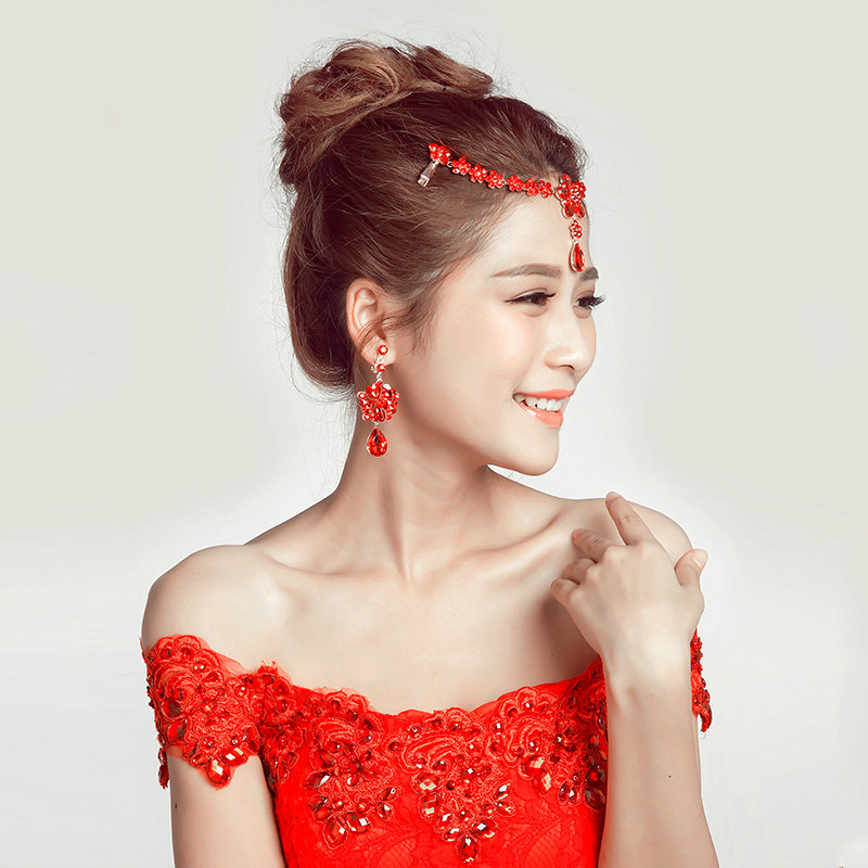 Alloy Rhinestone Flower Frontlet Pendant Headbands Earrings Bohemia Bridal Jewelry Sets - Red