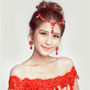 Alloy Rhinestone Flower Frontlet Pendant Headbands Earrings Bohemia Bridal Jewelry Sets - Red