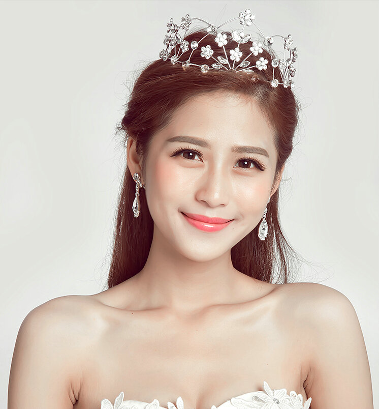 Alloy Rhinestone Hollow Flower Bridal Jewelry Tiaras Earring Women Pageant Sets 2pcs - White