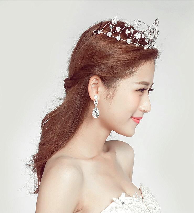 Alloy Rhinestone Hollow Flower Bridal Jewelry Tiaras Earring Women Pageant Sets 2pcs - White
