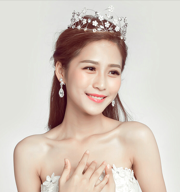 Alloy Rhinestone Hollow Flower Bridal Jewelry Tiaras Earring Women Pageant Sets 2pcs - White