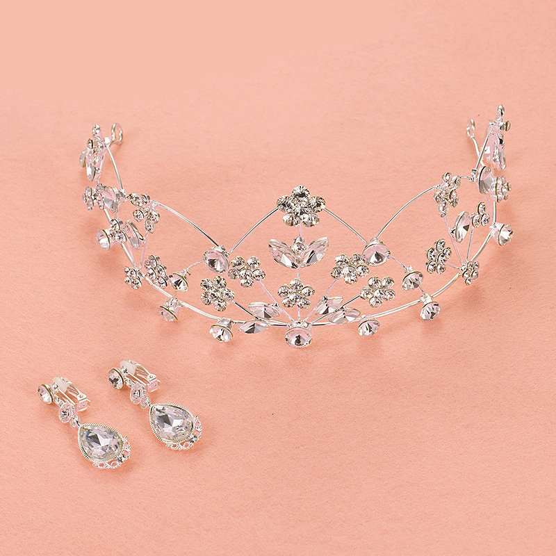 Alloy Rhinestone Hollow Flower Bridal Jewelry Tiaras Earring Women Pageant Sets 2pcs - White