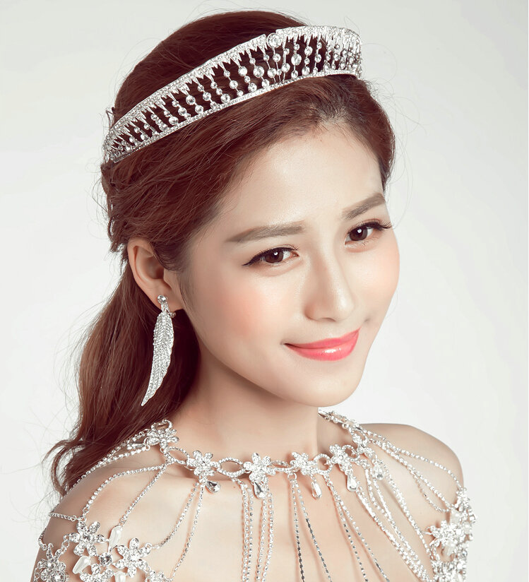 Alloy Rhinestone Hollow Leaves Bridal Jewelry Tiaras Earring Beauty Pageant Sets 2pcs - White