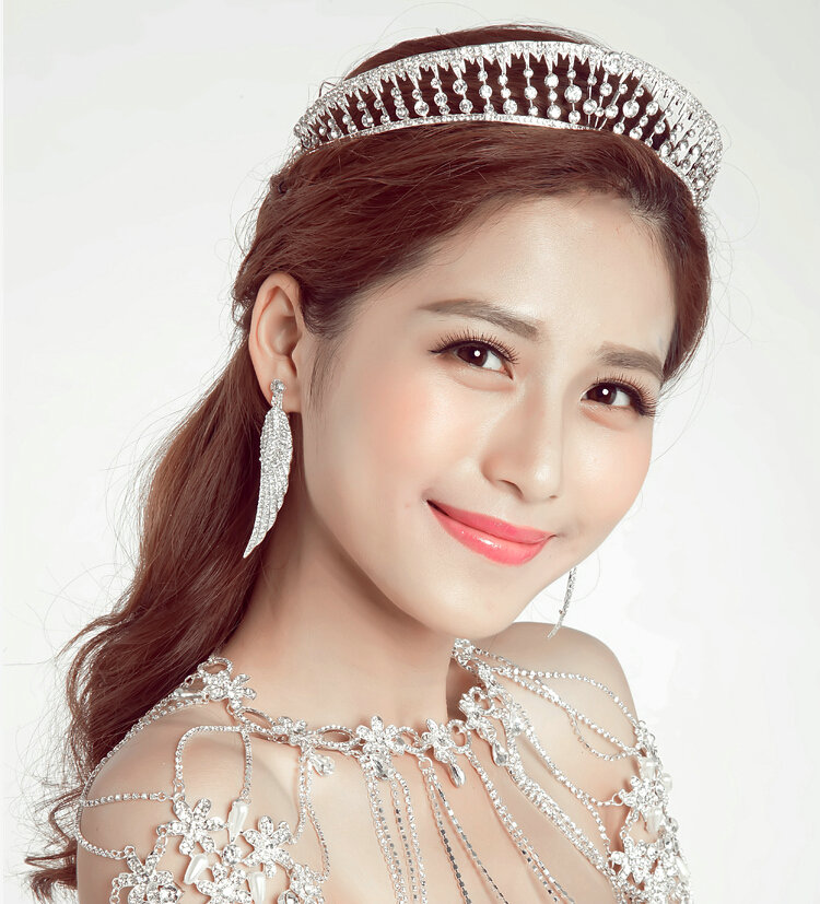 Alloy Rhinestone Hollow Leaves Bridal Jewelry Tiaras Earring Beauty Pageant Sets 2pcs - White
