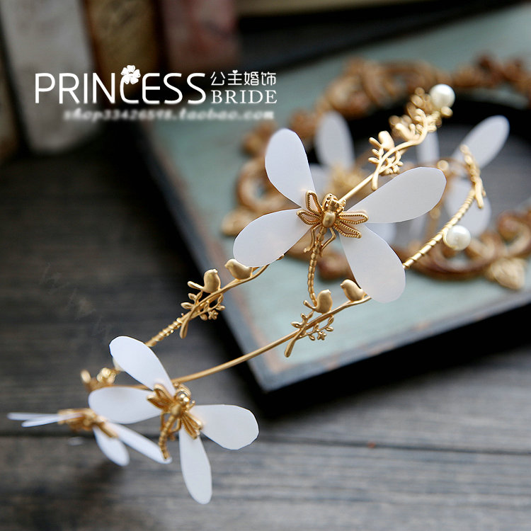 Baroque Bride Headdress Pearl Dragonfly Retro Alloy Hairbands Wedding Accessories - Gold