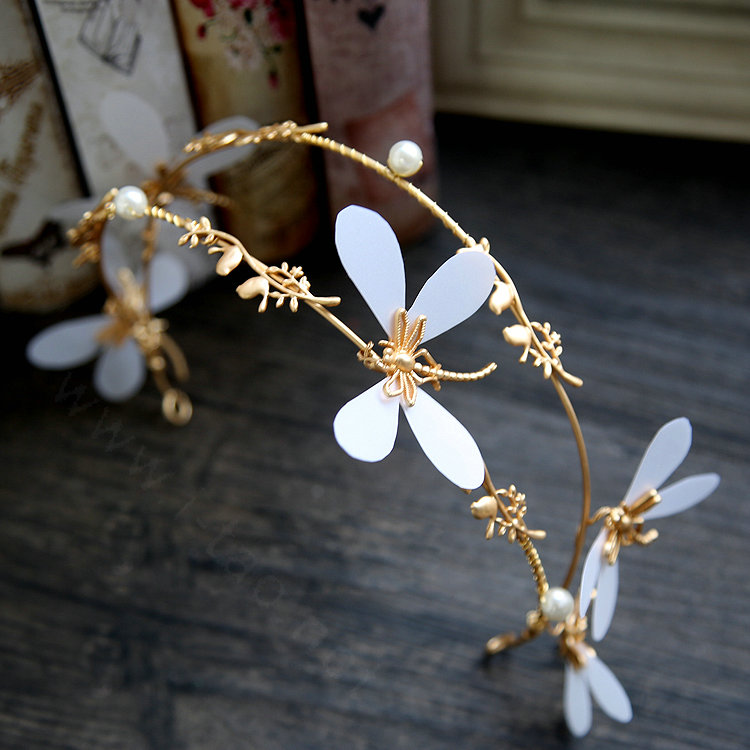 Baroque Bride Headdress Pearl Dragonfly Retro Alloy Hairbands Wedding Accessories - Gold