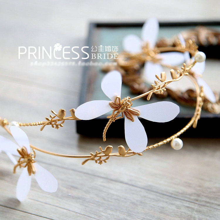 Baroque Bride Headdress Pearl Dragonfly Retro Alloy Hairbands Wedding Accessories - Gold