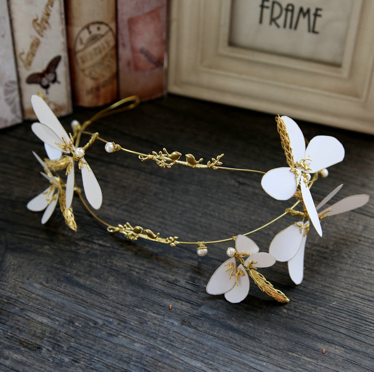 Baroque Bride Headdress Pearl Dragonfly Unique Alloy Hairbands Wedding Accessories - Gold